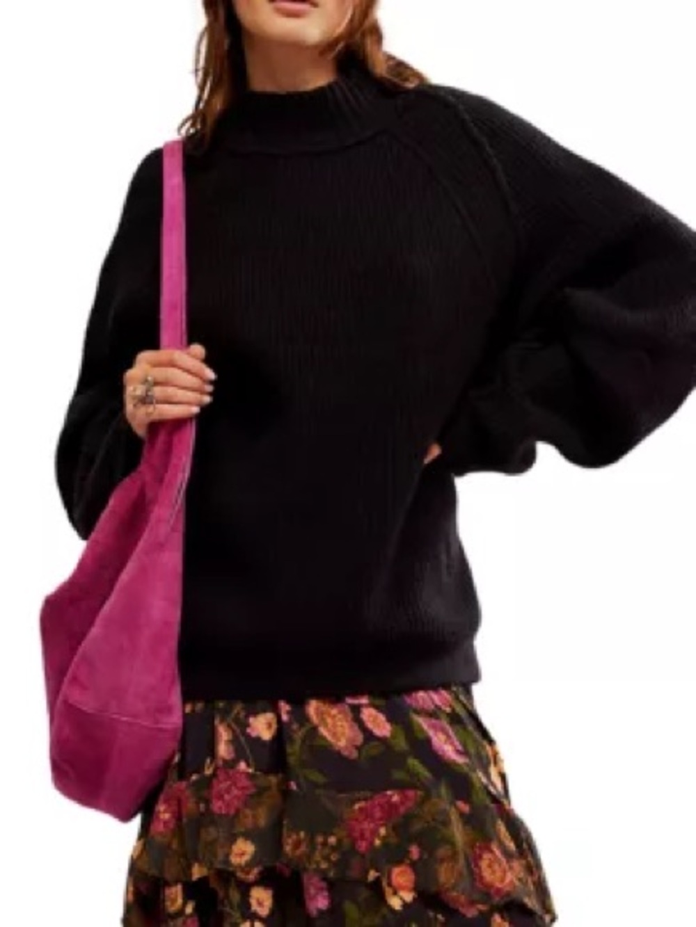 NWT Free People Sunbeam Sweater Chunky Ribbed Mock Neck Black | Size M - Picture 2 of 9